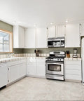 Modern kitchen with white cabinets featuring Oil Rubbed Bronze Cabinet Hinges For Kitchen And Bath, Self-Closing Half Inch Overlay Flush Mount.