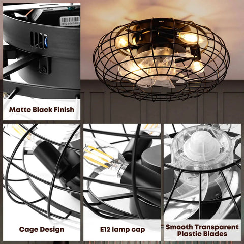 16 Inch Bladeless Caged Ceiling Fan With Lights Remote Control 8 Speeds Industrial Flush Mount Farmhouse Style Gold Finish Cage Design