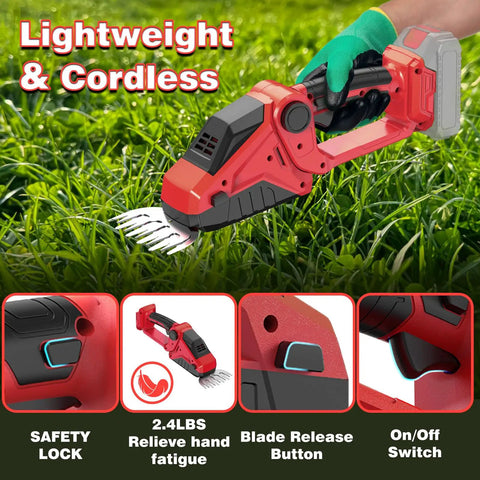 2-In-1 Cordless Hedge Trimmer And Grass Shears, 2200 RPM Handheld Electric Trimmer in use on grass, lightweight, safety lock