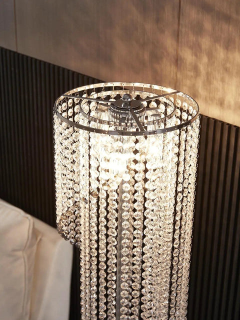 Top view of Silver Crystal Floor Lamp In S Shape With Chrome Finish, Romantic Modern Chic Vibe Lighting, Clear Crystal Raindrop Detailing