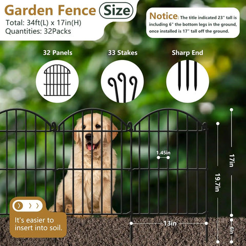 34ft 32 Panel Arch Metal Garden Fence For Rabbits And Dogs Rustproof Border Fencing with detailed stakes and a dog visible in the background