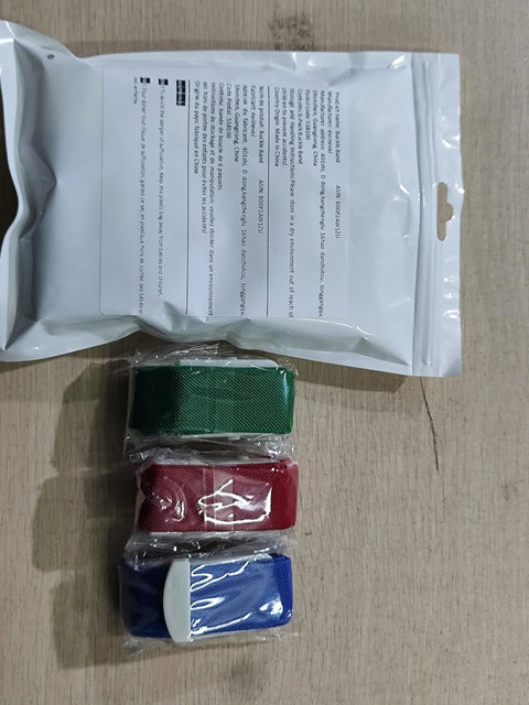 Front view: Ewinever elastic tourniquet bands, 3-pack in green, red, blue with quick-release buckles