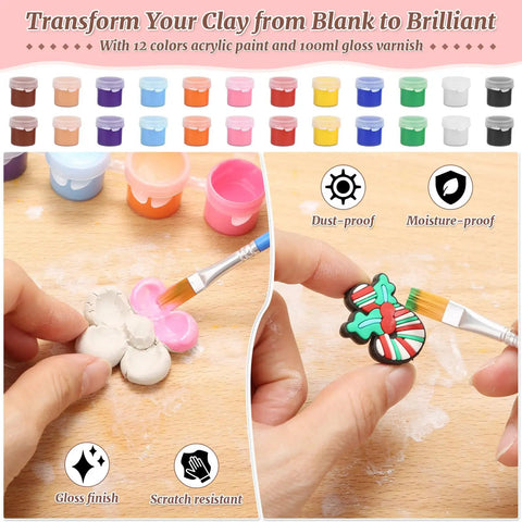 Decorating clay pieces with 8 Lb Air Dry Clay Kit With 100Ml Gloss Glaze Varnish And 27-Piece Pottery Tools Sculpting Set.
