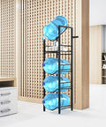 2 In 1 Five Gallon Water Jug Holder With Five Tier Stand And One Dispenser Valve Go To Tabletop Space Saving Water Bottle Storage Rack Organizer For Kitchen Office And Garage steel frame with filled jugs