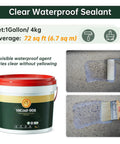 Heavy Duty Clear Waterproof Sealant One Gallon Transparent Acrylic Coating on a concrete surface with a paint roller.