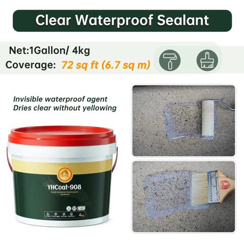 Heavy Duty Clear Waterproof Sealant One Gallon Transparent Acrylic Coating on a concrete surface with a paint roller.