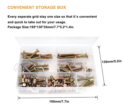 Crib And Baby Bed Hardware Replacement Kit with 114 pieces, M6 bolts and nuts, 14 sizes from 15mm to 80mm in storage box