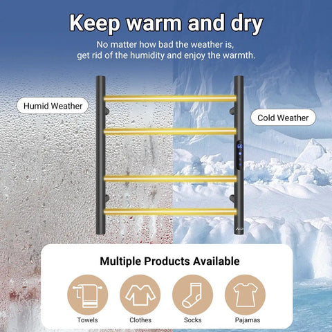 4 Bar Heated Towel Rack For Bathroom, Wall Mounted Electric Towel Warmer With Timer, Plug In Stainless Steel, Matte Black