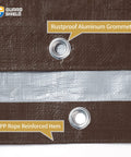 Close-up of Heavy Duty Waterproof Tarp 20x40 Feet Poly Tarpaulin Cover in Brown and Bright Silver with grommets and hem detail.