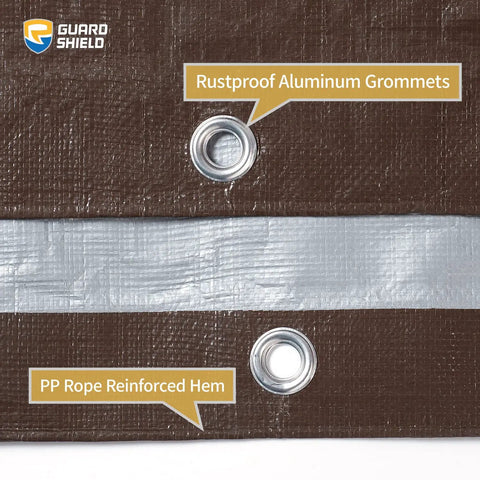 Close-up of Heavy Duty Waterproof Tarp 20x40 Feet Poly Tarpaulin Cover in Brown and Bright Silver with grommets and hem detail.