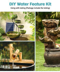 DIY water feature kit with solar panel, fountains, and tubing including three design options for garden decor.
