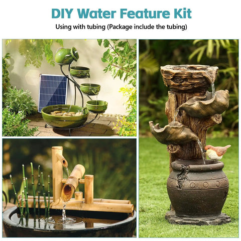 DIY water feature kit with solar panel, fountains, and tubing including three design options for garden decor.