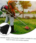 Gardener mowing lawn with trimmer beside Eight-Piece Adjustable Lawn Aerator Shoes Straps For Garden Spiked Sandals image