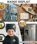 Awesome Button Maker Machine Badge Punch Press Pin Kit With 55mm And 35mm Sizes For Badges Includes 36 Buttons With Magnet Backs Six Keychains Metal Circle Cutter And Scissors For Cutting Perfect For Home Business Creators Making Gifts Right Now. badge display with button pins on backpack, shoe and hat