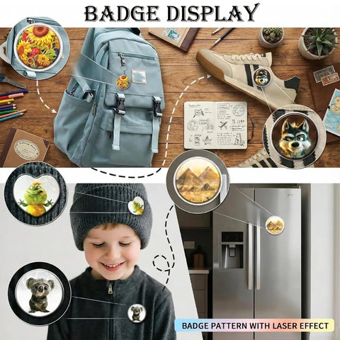 Awesome Button Maker Machine Badge Punch Press Pin Kit With 55mm And 35mm Sizes For Badges Includes 36 Buttons With Magnet Backs Six Keychains Metal Circle Cutter And Scissors For Cutting Perfect For Home Business Creators Making Gifts Right Now. badge display with button pins on backpack, shoe and hat