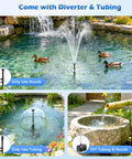25W Solar Fountain Pump With 4 Nozzles, Up To 160 GPH Flow, in garden pond with diverter and tubing
