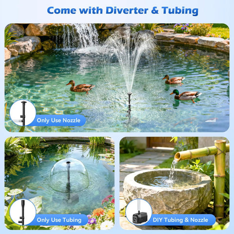 25W Solar Fountain Pump With 4 Nozzles, Up To 160 GPH Flow, in garden pond with diverter and tubing