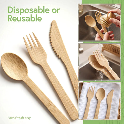 Your Go To 100 Percent Bamboo Utensils Set With 50 Forks, 25 Spoons, 25 Knives, Compostable, Biodegradable, FSC Certified