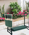 Foldable Garden Kneeler And Seat With Soft Cushion, Heavy Duty Garden Bench with Tool Pouch, in garden setting near plants