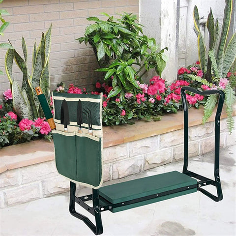 Foldable Garden Kneeler And Seat With Soft Cushion, Heavy Duty Garden Bench with Tool Pouch, in garden setting near plants