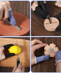 24 Pack Finger Cut Resistant Protector Gloves Plus Finger Cots Set in use for various tasks like carving, cutting, and crafting projects.