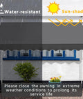 No Drill Manual Retractable Awning 118 By 118 Inches Outdoor Sunshade Shelter With Adjustable Angle And Height showing water-resistance and sun-shade features.