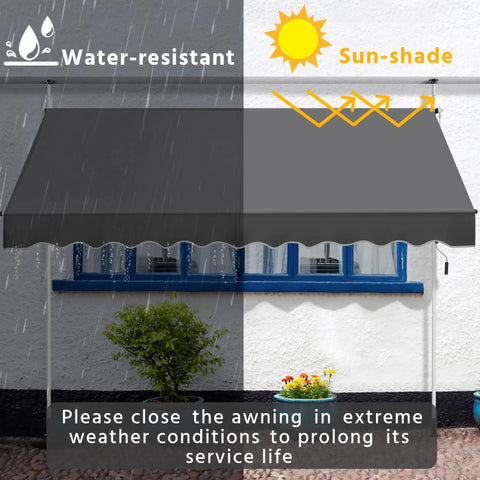 No Drill Manual Retractable Awning 118 By 118 Inches Outdoor Sunshade Shelter With Adjustable Angle And Height showing water-resistance and sun-shade features.