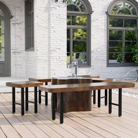 Outdoor scene with tables using 16 Inch Metal Table Legs for DIY Coffee End Tables Black Set of 2 Heavy Duty Steel Replacement Legs.