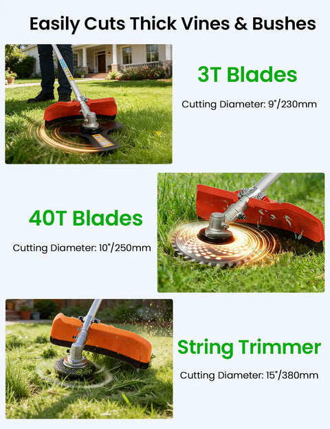 3T, 40T blades and string trimmer of Beast 5-In-1 Gas Powered Yard Tool With 52cc 2-Stroke Engine shown cutting grass.