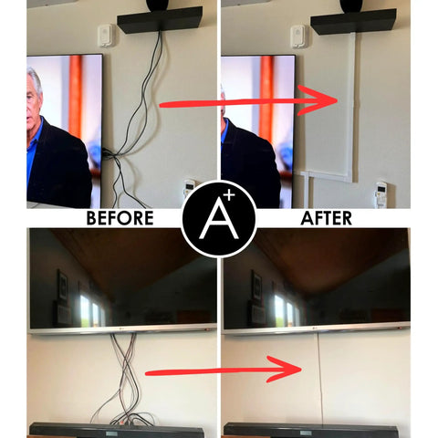 Before and after using Paintable White Self Adhering Cord Cover Kit With 26 Ft Of Snap On Channels for hidden TV cables
