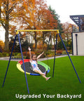 Child playing on Heavy Duty 71 Inch Swing A Frame Stand For Backyard Fun, 440 Lb Weight Capacity, All Weather Rust Resistant Steel Frame