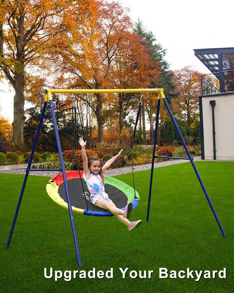 Child playing on Heavy Duty 71 Inch Swing A Frame Stand For Backyard Fun, 440 Lb Weight Capacity, All Weather Rust Resistant Steel Frame