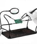 All-in-One Soldering Stand With Four Handy Helping Hands And 5X Magnifier, four gooseneck arms holding circuit board
