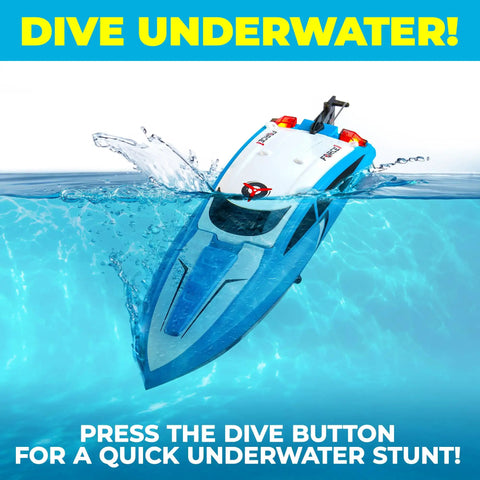 Velocity Blue RC Boat performing underwater dive with splash, designed for pools and lakes, visible 2.4GHz transmitter feature.