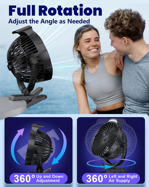 Rechargeable Clip On Fan 10000mAh, 8 Inch Portable Desk And Bedside Fan demonstrating 360 degree rotation with couple in background.