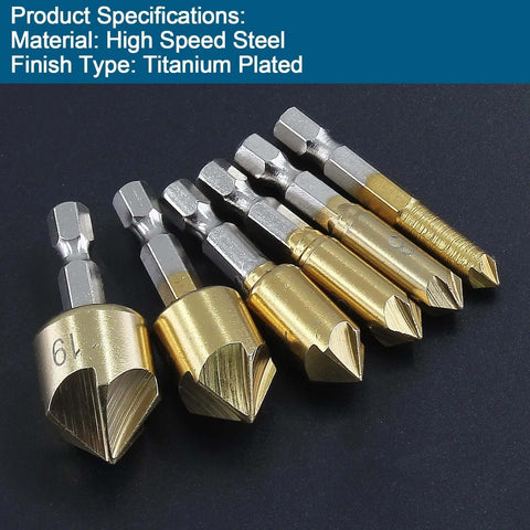 Aracombie 6-pack 3-flute 90-degree countersink drill bit set, titanium HSS, metric sizes 6–19 mm