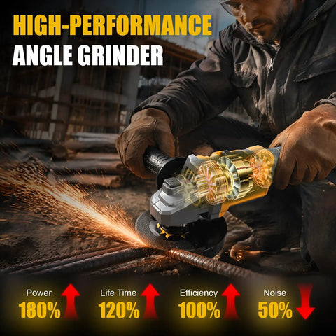 Heavy Duty Cordless Angle Grinder Compatible With Twenty Volt Batteries For Kickass Metal Cutting Grinding And Polishing Smart Ergonomic Grip With Rapid Swap Tech To Crush Daily Worksites And Diy Renovations Smooth generating sparks during metal cutting.