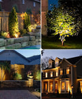 Beefy Solid Brass Landscape Spotlight With 5W MR16 LED Bulb illuminating garden, tree, patio, house exterior, showcasing uplighting effect