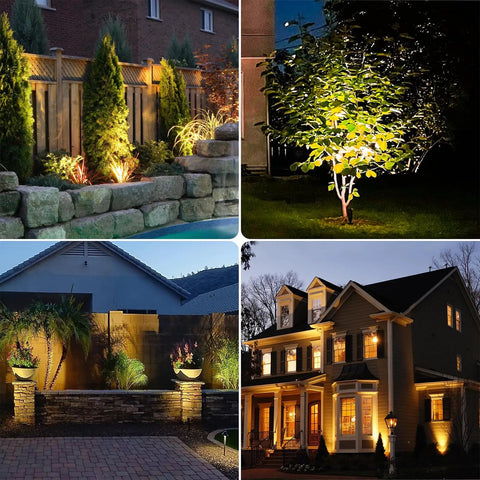 Beefy Solid Brass Landscape Spotlight With 5W MR16 LED Bulb illuminating garden, tree, patio, house exterior, showcasing uplighting effect