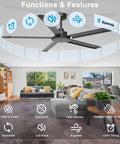 60 Inch No Light Industrial Ceiling Fan Black With Remote And App Control, 6800 CFM DC Motor, Aluminum Blades For Patio