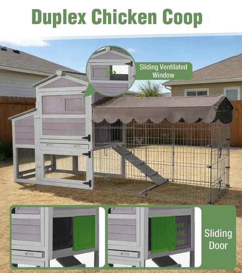 Mobile Chicken Coop With Run Wheels And Waterproof Cover, sliding ventilated window and door, outdoor backyard view