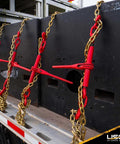 Ten Pack Ratchet Chain Binders For Secure Tie Downs, Fits One Quarter Inch Grade 70 And Five Sixteenth Inch Grade 43 Chain, 3150 Lbs Working Load Limit, Red Finish, Two Grab Hooks Per Binder on cargo