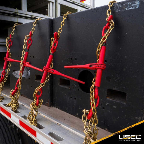 Ten Pack Ratchet Chain Binders For Secure Tie Downs, Fits One Quarter Inch Grade 70 And Five Sixteenth Inch Grade 43 Chain, 3150 Lbs Working Load Limit, Red Finish, Two Grab Hooks Per Binder on cargo