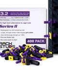 Top Shelf Red Server Rack Screws For 19 Inch Square Punched Rails, No Sweat Front Load Rack Studs, Easy Cage Nut Swap Hardware, Dependable Data Center Kit 400 Pack with purple rack studs.
