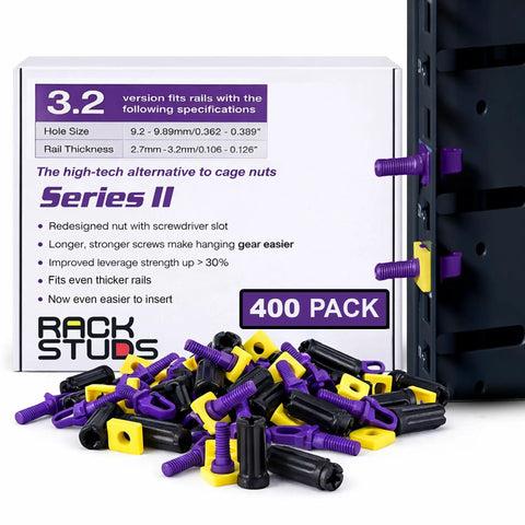 Top Shelf Red Server Rack Screws For 19 Inch Square Punched Rails, No Sweat Front Load Rack Studs, Easy Cage Nut Swap Hardware, Dependable Data Center Kit 400 Pack with purple rack studs.