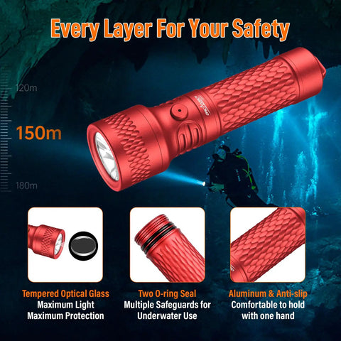 Orca7 Dive Light 3000 Lumens Ultra Focused 6 Degree Beam For Night Diving And Cave Exploration IP68 Waterproof To 150M Red