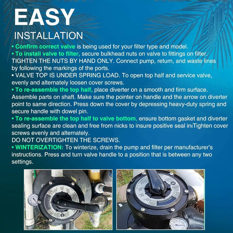 Installation guide for Top Mount Multiport Valve Replacement For Above Ground Sand Filters 1.5 Inch Plumbing Seven Position Control Valve