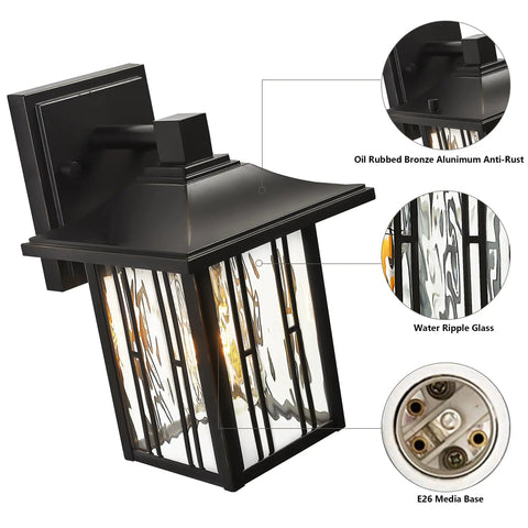 Outdoor Wall Lights Exterior Front Porch Sconce Wall Mount Waterproof Lantern With Water Ripple Glass Black Oil Rubbed Bronze Edges Weatherproof 2 Pack showing aluminum frame and water ripple glass detail
