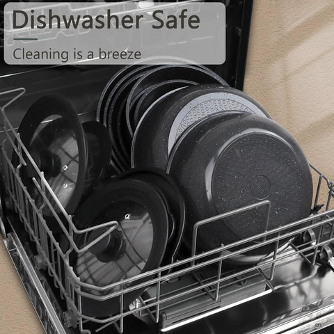 Ceramic Pots And Pans Set With Detachable Handle For Easy Cleanup Nonstick Cookware That Is PFAS Free shown in a dishwasher