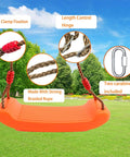 Tree Swing Seat For Kids With Thick Rope, Built Tough Outdoor Swing Set Accessory, Bright Orange, with adjustable rope and carabiners